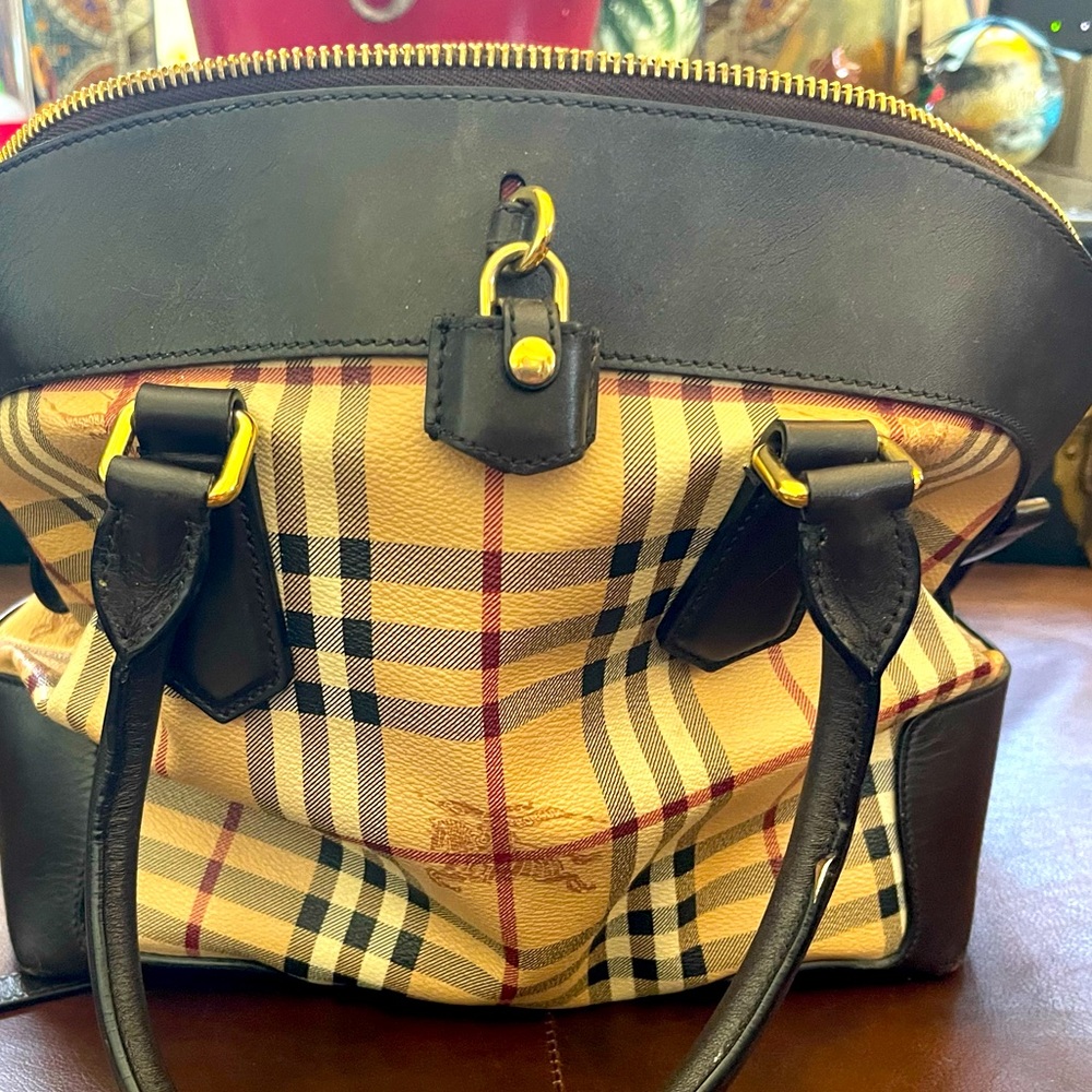Authentic Burberry Plaid Satchel with Brown Leather Trim with Dust Cover